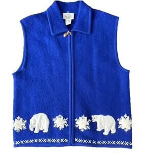 Women’s Vintage Christmas 90s 100% Wool Blue Vest CRT Clothing Company Size L